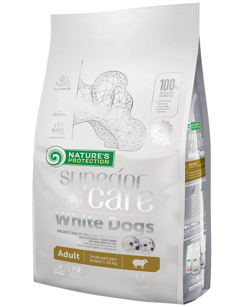 Суха храна за кучета с бяла козина NATURE'S PROTECTION Superior Care White Dog Adult Small Breeds Суха храна за кучета с бяла козина NATURE'S PROTECTION Superior Care White Dog Adult Small Breeds - 1.5 и 10 kg, с агнешко, за дребни и малки породи, над 1 година - храна