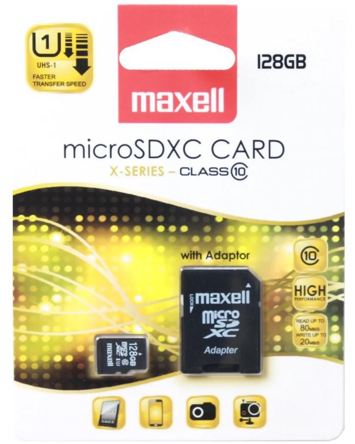 Micro SDXC карта памет 128 GB Maxell Micro SDXC карта памет 128 GB Maxell - Class 10, U1, със SD адаптер -