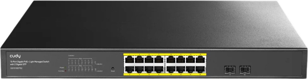 Суич Cudy GS1016EPS2 Суич Cudy GS1016EPS2 - 16 x 10/100/1000Base-T, 2 x SFP, 36 Gbps -