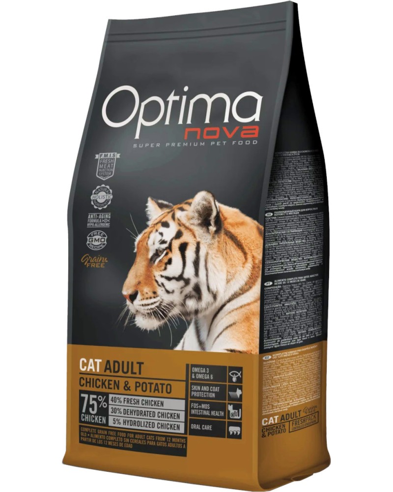 Суха храна за котки Optima Nova Adult Суха храна за котки Optima Nova Adult - 2 и 8 kg, с пилешко и картофи, над 12 месеца - храна