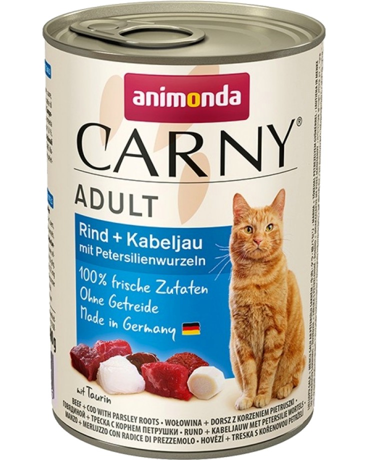 Консерва за котки Carny Adult Консерва за котки Carny Adult - 400 и 6 х 400 g, с говеждо месо, треска и корени от магданоз, от 1 до 6 години - храна