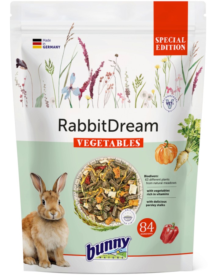 Храна за декоративни зайчета bunny Nature Special Edition Vegetables Храна за декоративни зайчета bunny Nature Special Edition Vegetables - 1.5 и 4 kg, с 63 различни растения и билки от нетретирани ливади, тиква, чушка, пащърнак, стъбълца от магданоз и тримело, от серията RabbitDream, за 6+ месеца - храна
