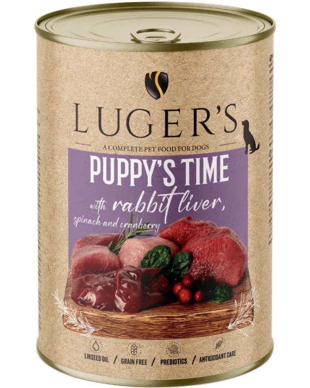 Консерви за кучета Luger's Консерви за кучета Luger's - 6 x 400 g, със заешки дробчета, спанак и червени боровинки, от серията Puppy's Time, за подрастващи кучета - храна