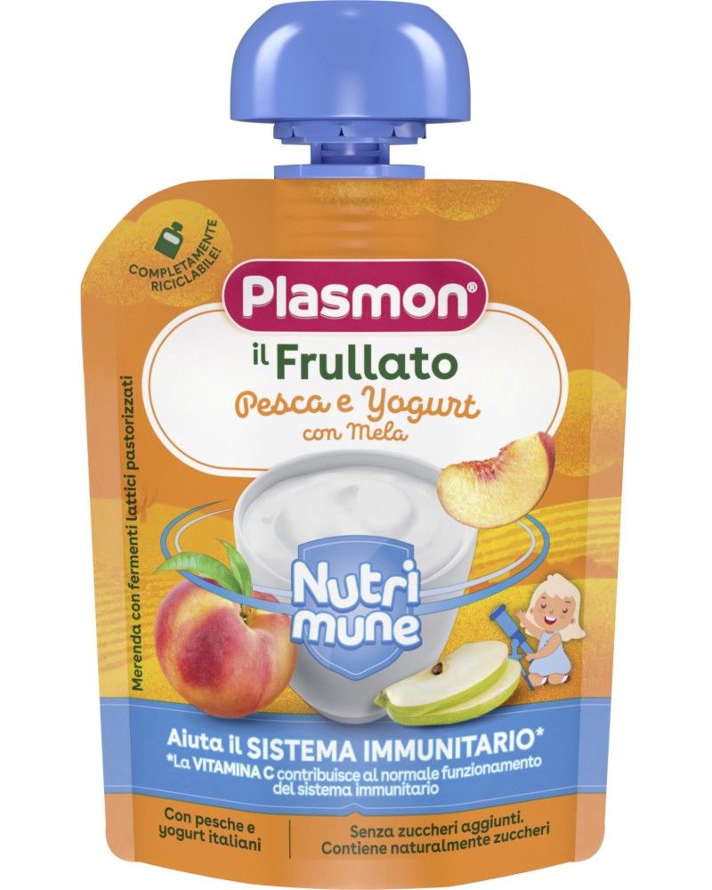 Плодова закуска с праскова и йогурт Plasmon Nutrimune - 85 g, за 6+ месеца - продукт