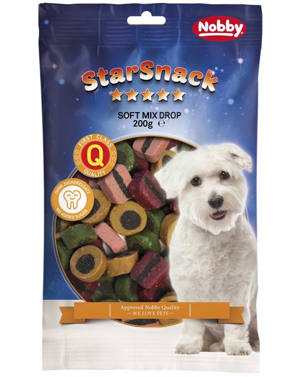 Лакомства за кучета Nobby Soft Mix Drop Лакомства за кучета Nobby Soft Mix Drop - 200 g, с пилешко, агнешко, говеждо и шкембе, от серията StarSnack - храна