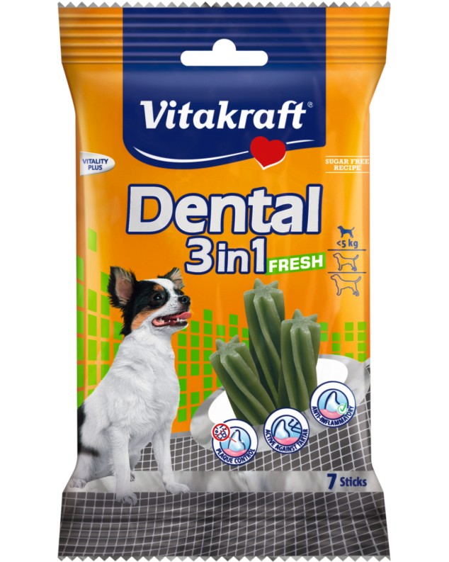 Дентални лакомства за кучета 3 в 1 Vitakraft Dental Fresh XS Дентални лакомства за кучета 3 в 1 Vitakraft Dental Fresh XS - 70 g - храна