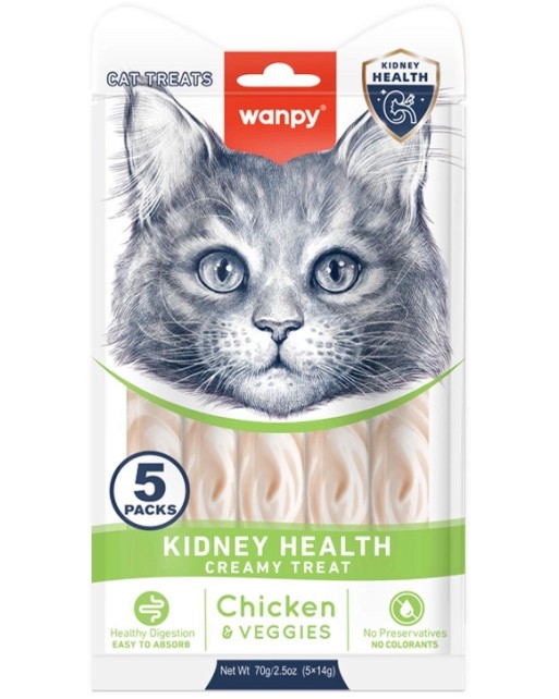 Кремообразни лакомства за котки с бъбречни проблеми Wanpy Kidney Health Кремообразни лакомства за котки с бъбречни проблеми Wanpy Kidney Health - 5 x 14 g, с пилешко и зеленчуци, за над 3 месеца - храна