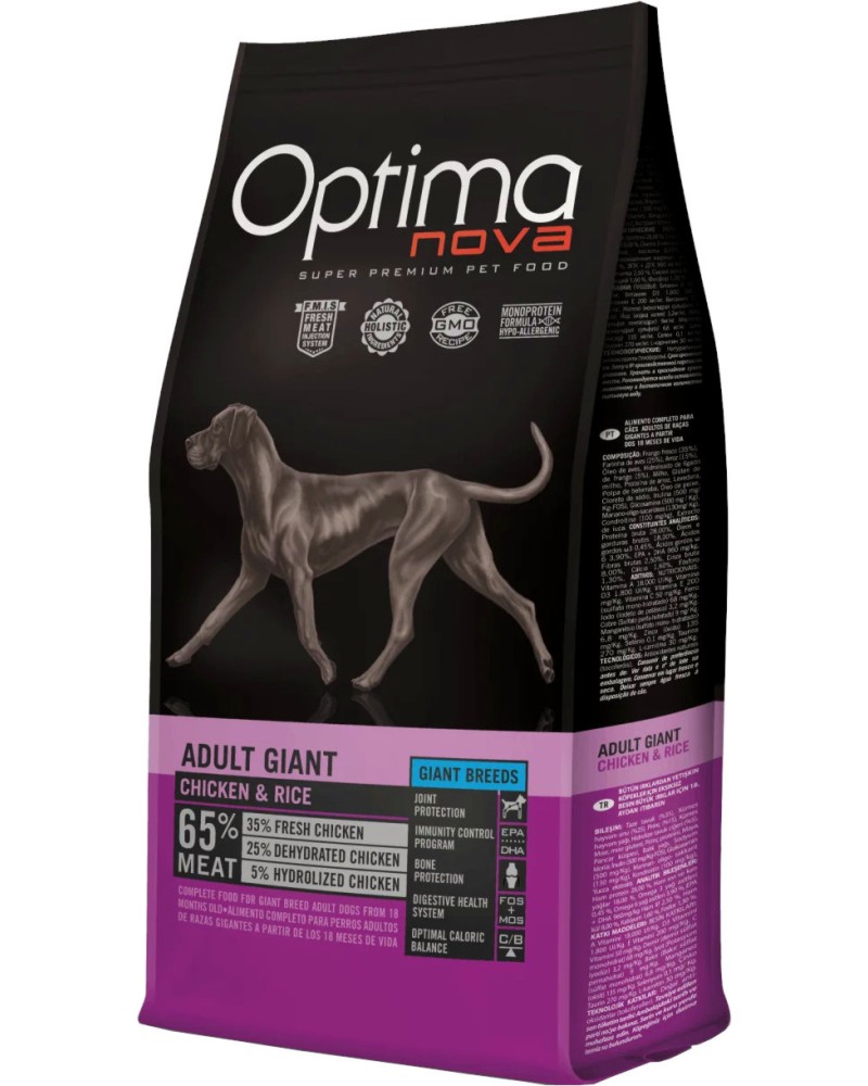 Суха храна за кучета Optima Nova Adult Giant Суха храна за кучета Optima Nova Adult Giant - 12 kg, с пилешко и ориз, за много големи породи, над 18 месеца - храна