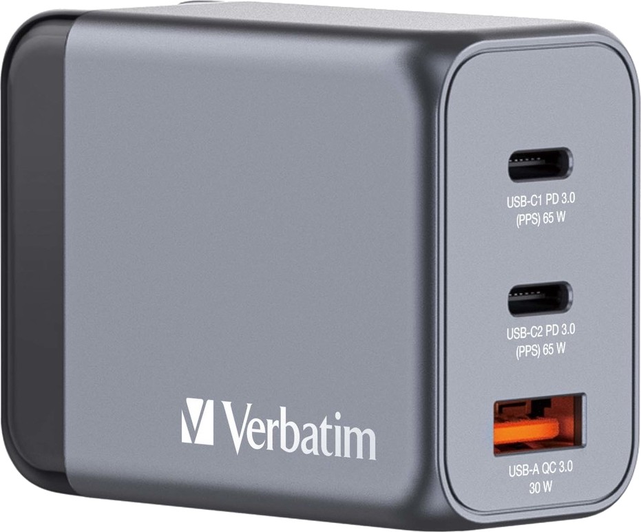 Зарядно устройствo Verbatim GNC-65 GaN Зарядно устройствo Verbatim GNC-65 GaN - 65 W, USB-A female, 2 x USB-C female -