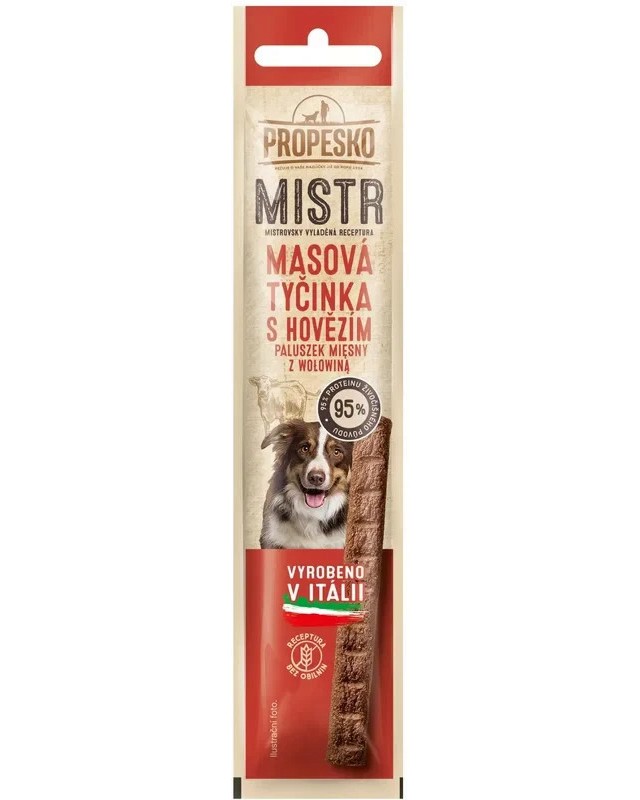 Лакомство за кучета PROPESKO MISTR Meat Sticks Лакомство за кучета PROPESKO MISTR Meat Sticks - 10 g, с говеждо - храна