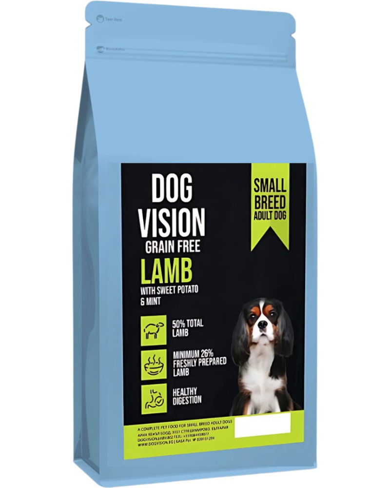 Суха храна за кучета с чувствително храносмилане DOG VISION Grain Free Adult Small Суха храна за кучета с чувствително храносмилане DOG VISION Grain Free Adult Small - 2 и 6 kg, с агнешко, сладък картоф и мента, над 1 година, за дребни породи - храна