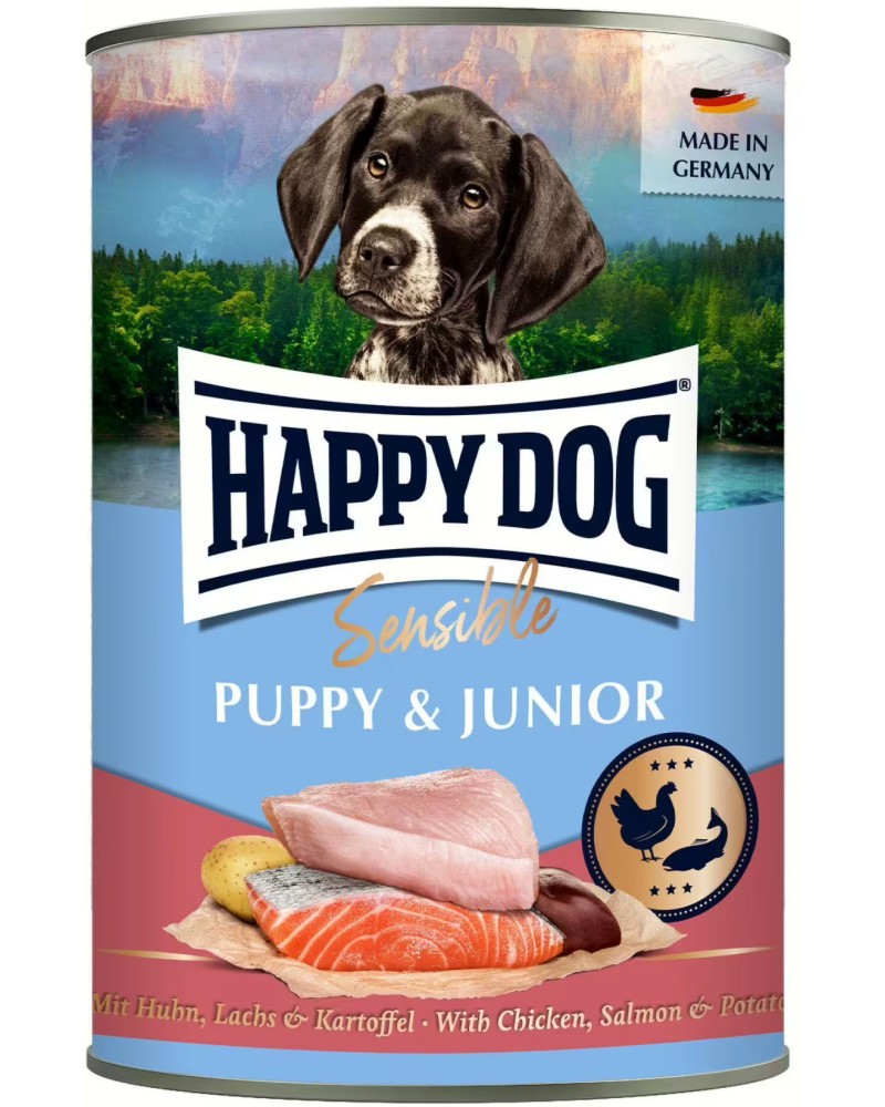 Консерва за кучета с чувствително храносмилане Happy Dog Puppy & Junior Консерва за кучета с чувствително храносмилане Happy Dog Puppy & Junior - 200 и 400 g, с пилешко, сьомга и картофи, от серията Sensible, от 8 седмици до 18 месеца - храна