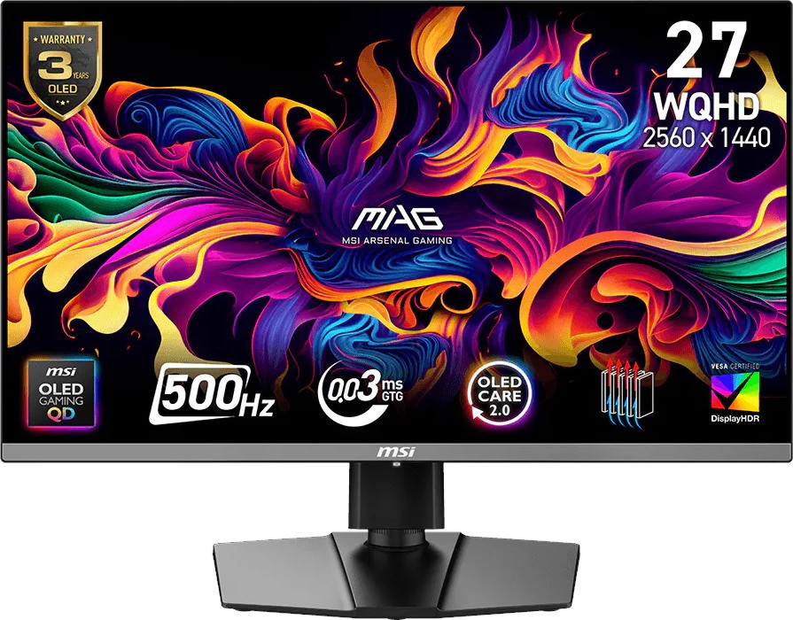 Монитор MSI MAG 272QP QD-OLED X50 Монитор MSI MAG 272QP QD-OLED X50 - 26.5", QD-OLED, 500 Hz, 2560 x 1440, 0.03 ms, 2 x HDMI, DisplayPort, USB-C, AMD FreeSync Premium, NVIDIA G-Sync Compatible -