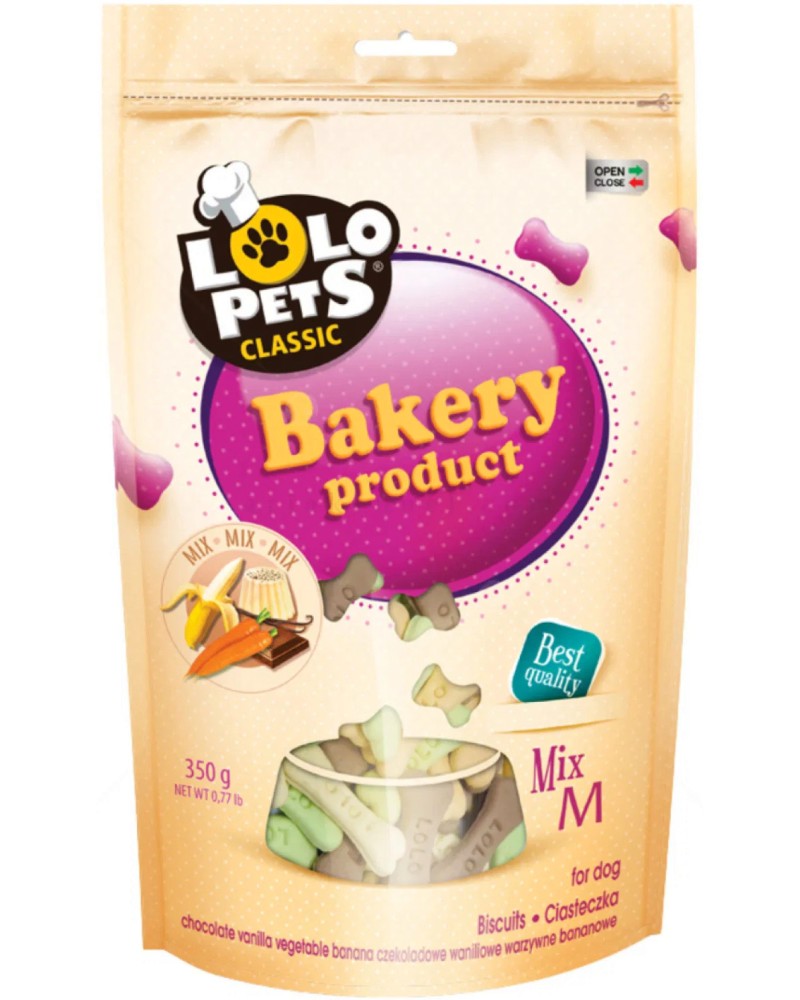 Бисквити за кучета Lolo Pets Bakery Cookies Mix М Бисквити за кучета Lolo Pets Bakery Cookies Mix М - 350 g, с вкус на шоколад, банан, зеленчуци и ванилия - храна