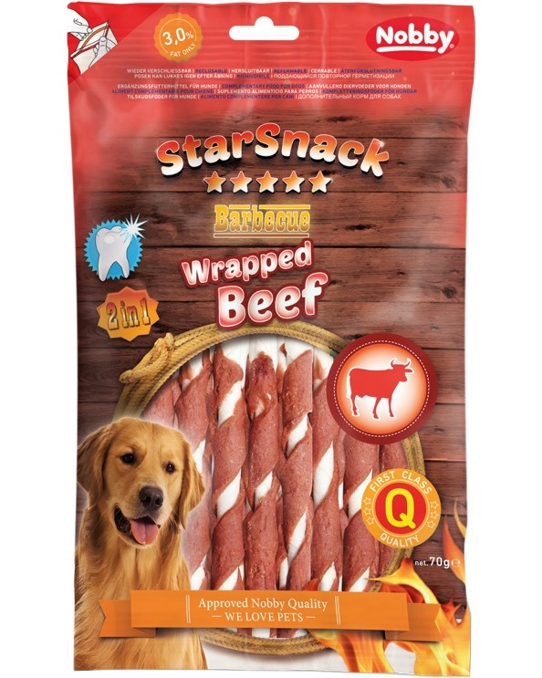 Лакомства за кучета Nobby StarSnack Wrapped Beef Лакомства за кучета Nobby StarSnack Wrapped Beef - 70 g, с говеждо, от серията Barbecue, над 6 месеца - храна