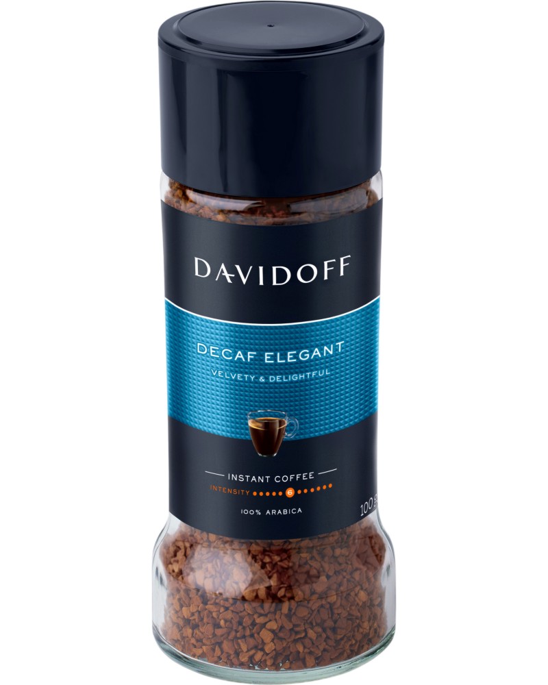 Безкофеиново разтворимо кафе DAVIDOFF Decaf Elegant Безкофеиново разтворимо кафе DAVIDOFF Decaf Elegant - 100 g, стъклен буркан - напитка