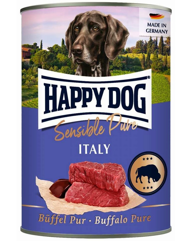 Консерва за кучета с чувствително храносмилане Happy Dog Italy Консерва за кучета с чувствително храносмилане Happy Dog Italy - 200 ÷ 800 g, с биволско, от серията Sensible, в зряла възраст - храна