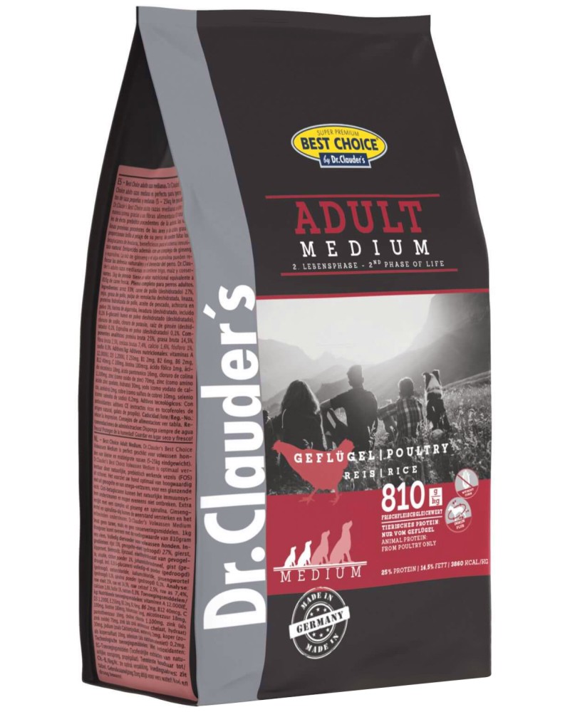 Суха храна за кучета Dr.Clauder's Adult Medium Суха храна за кучета Dr.Clauder's Adult Medium - 4 и 12.5 kg, с птиче месо и ориз, от серията Best Choice, за малки и средни породи, в зряла възраст - храна