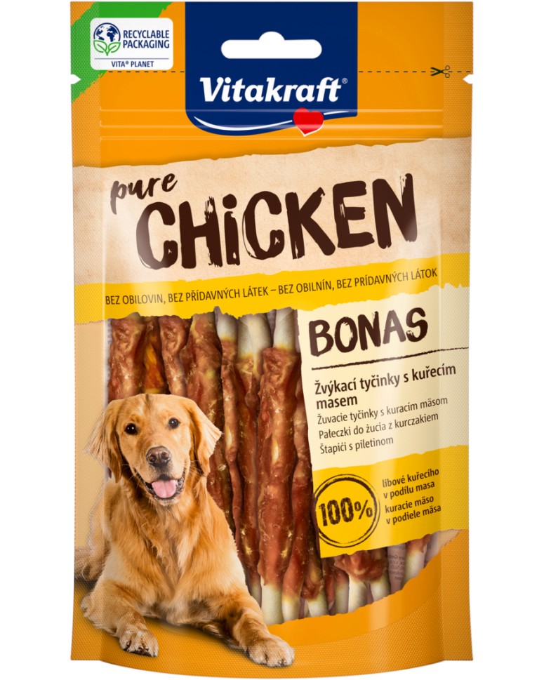 Лакомства за кучета Vitakraft Pure Лакомства за кучета Vitakraft Pure - 80 g, с пилешко и говежда кожа - храна