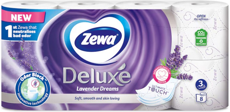 Трипластова тоалетна хартия Zewa Deluxe Lavender Dreams Трипластова тоалетна хартия Zewa Deluxe Lavender Dreams - 8 ÷ 16 рула - тоалетна хартия