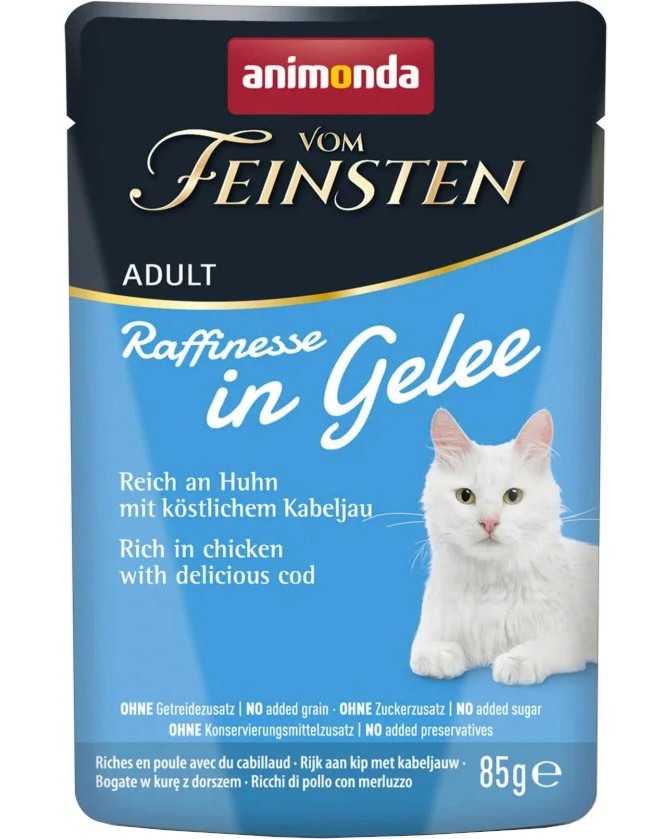 Пауч за котки Animonda Vom Feinsten Raffinesse Пауч за котки Animonda Vom Feinsten Raffinesse - 24 x 85 g, с пилешко и треска в желе, в зряла възраст - храна