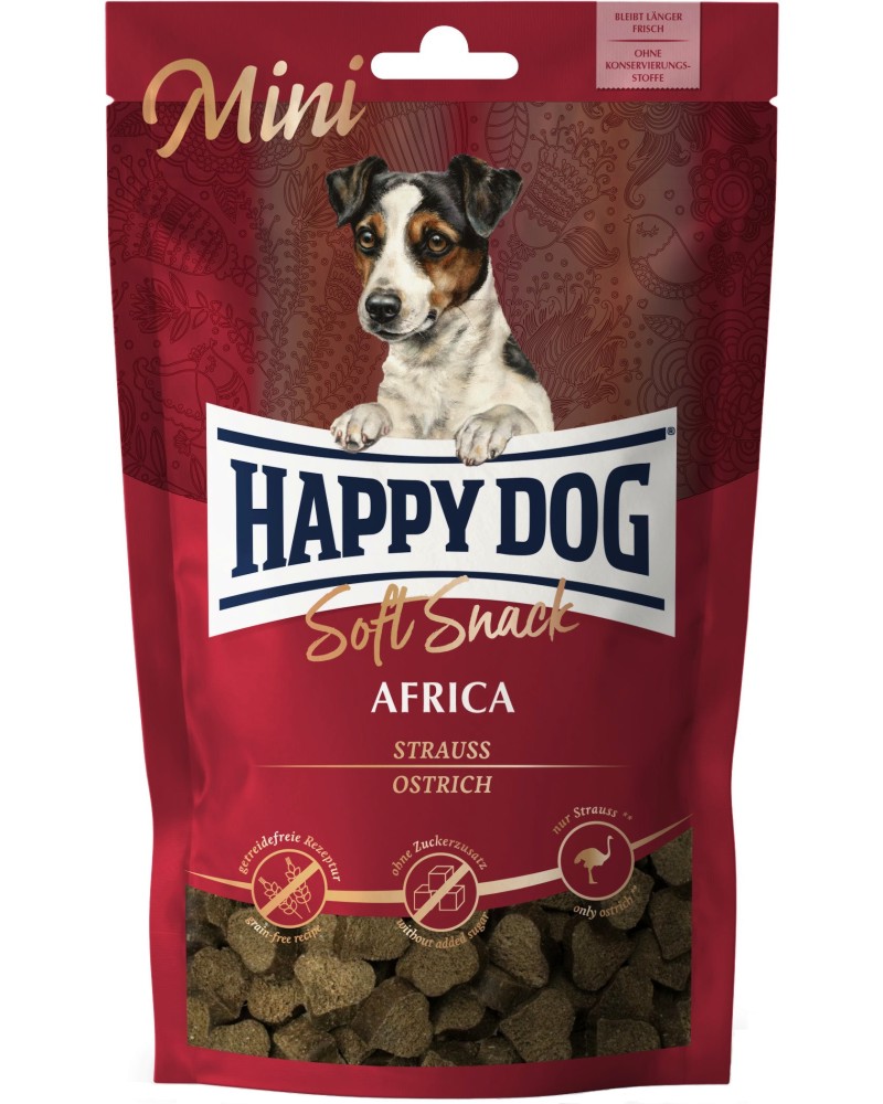 Лакомства за кучета с чувствително храносмилане Happy Dog Mini Africa Лакомства за кучета с чувствително храносмилане Happy Dog Mini Africa - 100 g, с щраусово, от серията Soft Snack, в зряла възраст, до 10 kg - храна
