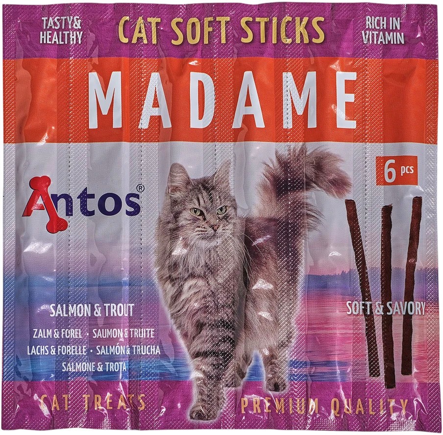 Лакомства за котки Antos Madame Лакомства за котки Antos Madame - 30 g, със сьомга и пъстърва, за над 4 месеца - храна