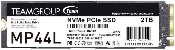 SSD ����� Team Group MP44L PCIe 4.0 x4 NVMe 1.4 2280 - 500 GB, ������ 5000 MB/s, ����� 3700 MB/s, 3D NAND - 