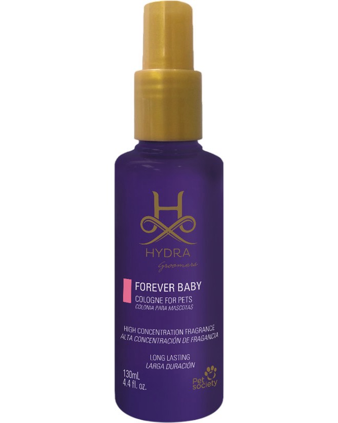 Парфюм за кучета и котки Hydra Groomers Cologne Forever Baby Парфюм за кучета и котки Hydra Groomers Cologne Forever Baby - 130 ml, с флорален аромат, с нотки на портокал, лотос, ябълка и сандалово дърво от 0 до 12 м - парфюм