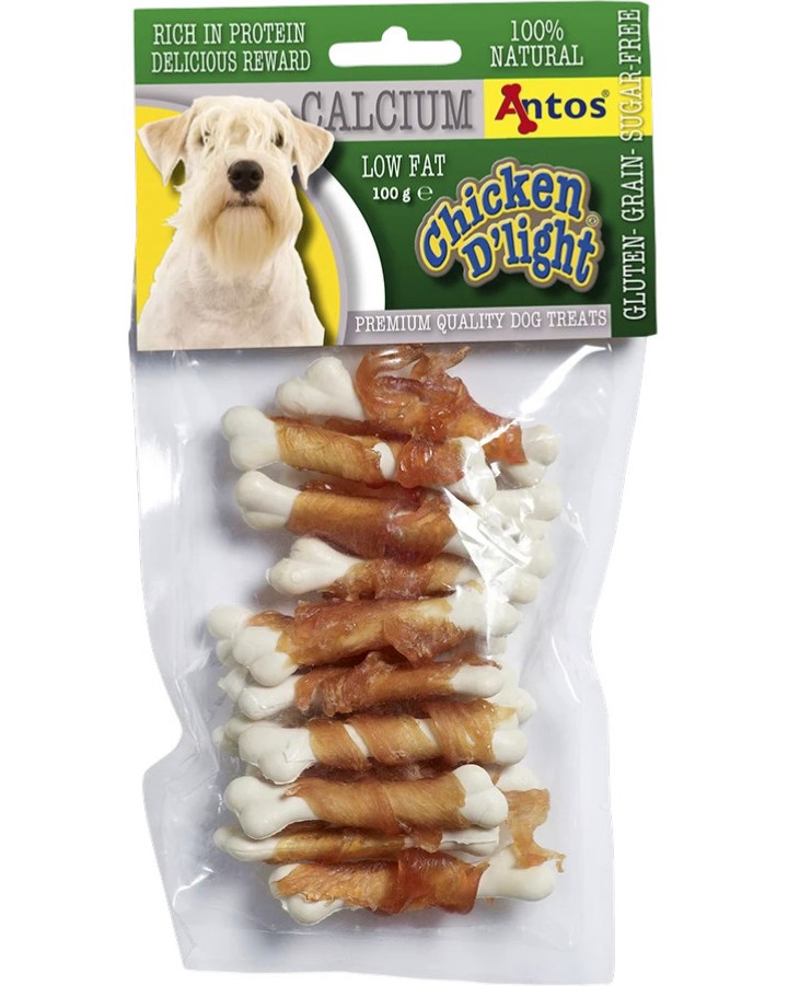 Натурални лакомства за кучета Antos Calcium Натурални лакомства за кучета Antos Calcium - 0.1 и 1 kg, с пилешко, за дребни, малки, средни и големи породи, от серията D'light - храна