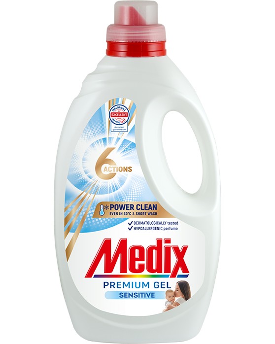 Течен перилен препарат Medix Premium Gel Sensitive Течен перилен препарат Medix Premium Gel Sensitive - 1.080 ÷ 2.720 l, за бели и цветни тъкани - перилен препарат