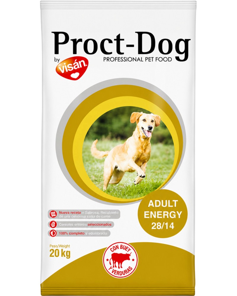Суха храна за кучета с повишени енергийни нужди Proct-Dog Adult Energy Суха храна за кучета с повишени енергийни нужди Proct-Dog Adult Energy - 20 kg, с говеждо и зеленчуци, за всички породи, в зряла възраст - храна