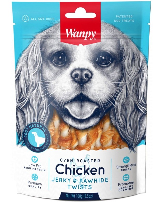 Натурални лакомства за кучета Wanpy Jerky & Rawhide Twists Натурални лакомства за кучета Wanpy Jerky & Rawhide Twists - 100 g, с пилешко - храна