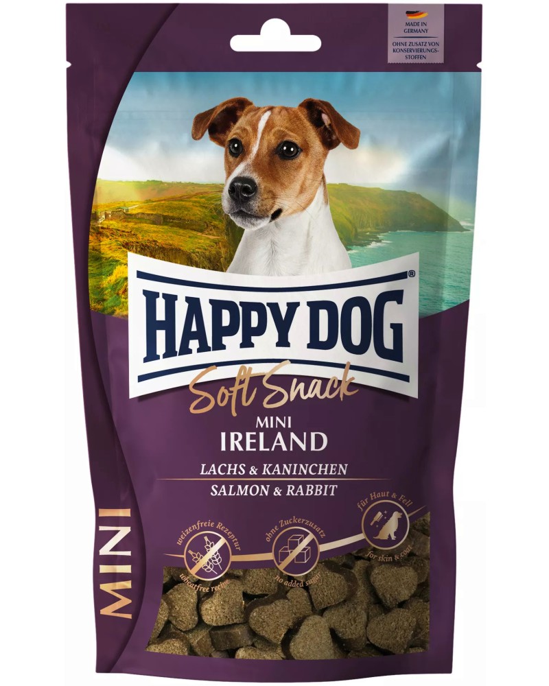 Лакомства за кучета за красива козина Happy Dog Mini Ireland Лакомства за кучета за красива козина Happy Dog Mini Ireland - 100 g, със сьомга и заешко, от серията Soft Snack, в зряла възраст, до 10 kg - храна