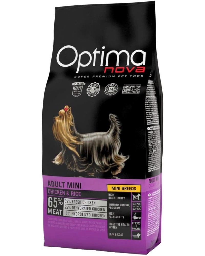 Суха храна за кучета Optima Nova Adult Mini Суха храна за кучета Optima Nova Adult Mini - 0.8 ÷ 12 kg, с пилешко и ориз, за дребни породи в зряла възраст - храна