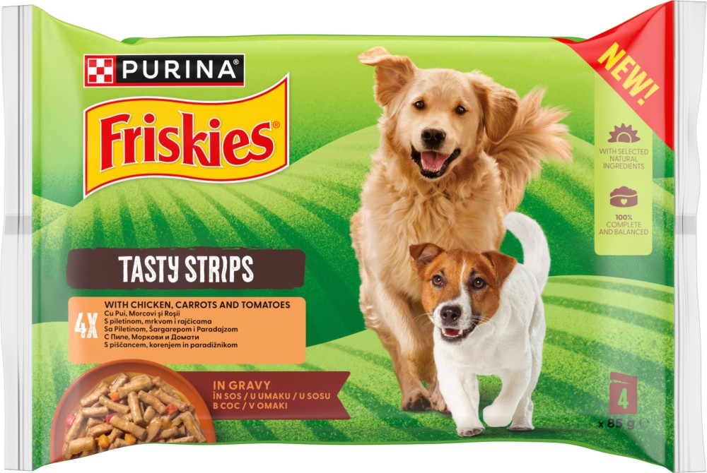 Паучове за кучета Friskies Tasty Strips Adult Паучове за кучета Friskies Tasty Strips Adult - 4 x 85 g, с пилешко, моркови и домати в сос, в зряла възраст - храна