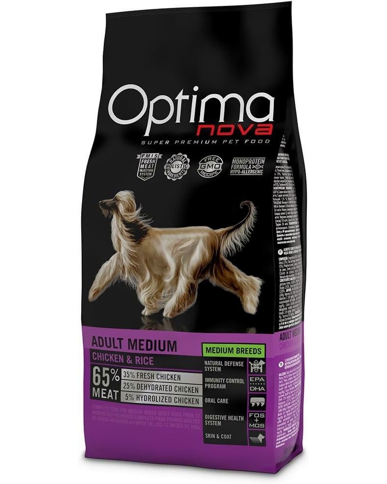 Суха храна за кучета Optima Nova Adult Medium Суха храна за кучета Optima Nova Adult Medium - 2 и 12 kg, с пилешко и ориз, за средни породи, над 1 година - храна