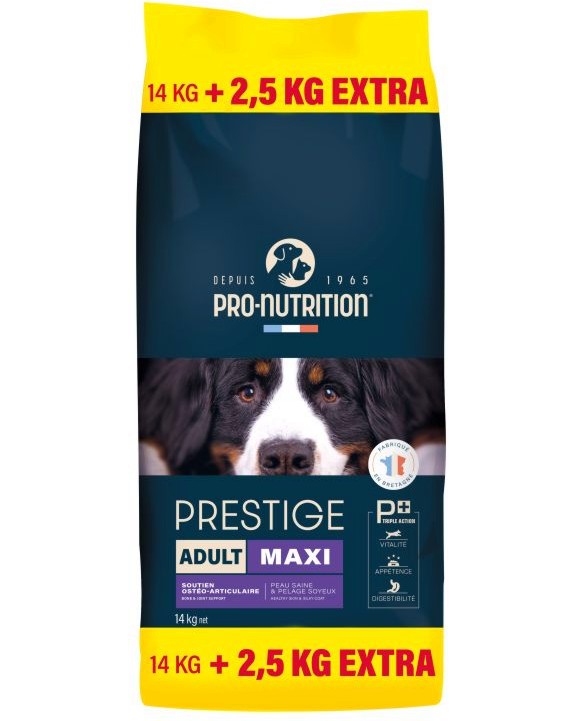 Суха храна за кучета Pro-Nutrition Adult Maxi Суха храна за кучета Pro-Nutrition Adult Maxi - 14 + 2.5 kg подарък, от серията Prestige Dog, за средни породи, с тегло от 10 до 25 kg - храна