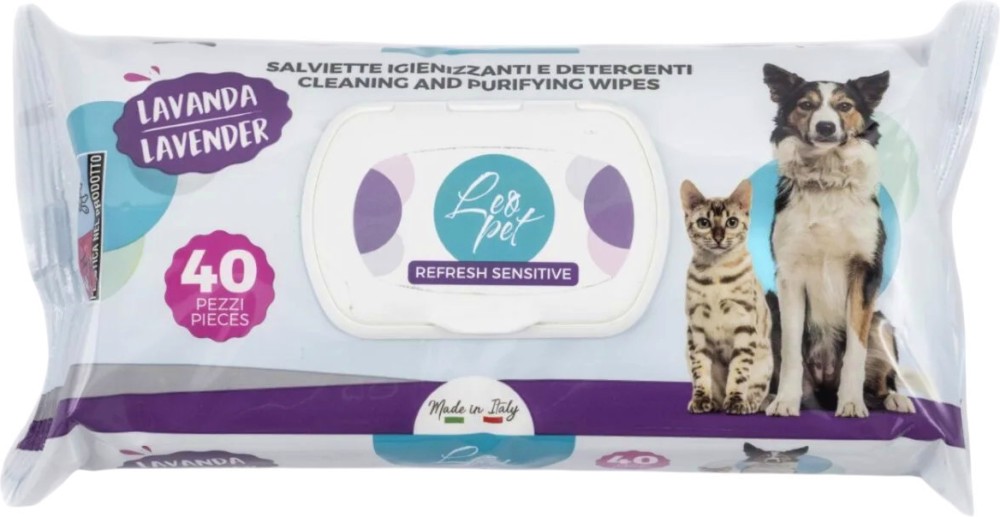 Мокри кърпички за домашни любимци Leopet Refresh Sensitive Мокри кърпички за домашни любимци Leopet Refresh Sensitive - 40 броя, с лавандула - мокри кърпички