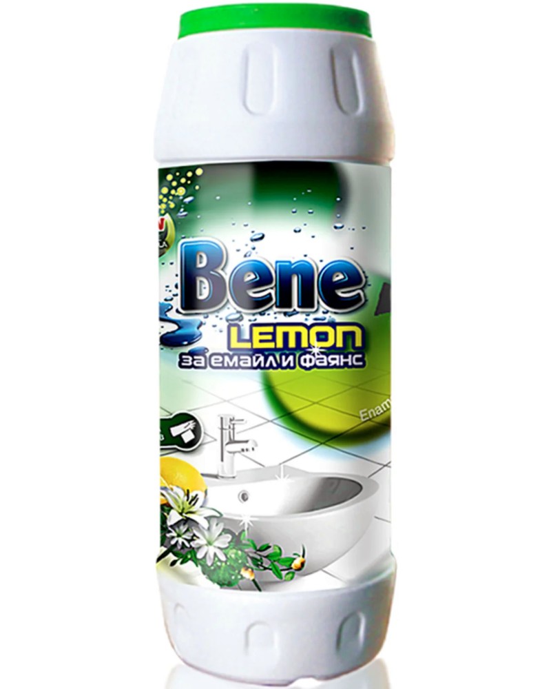Прахообразен почистващ препарат за баня Bene Lemon Прахообразен почистващ препарат за баня Bene Lemon - 500 g, с аромат на лимон, за емайлирани и фаянсови повърхности - почистващ препарат