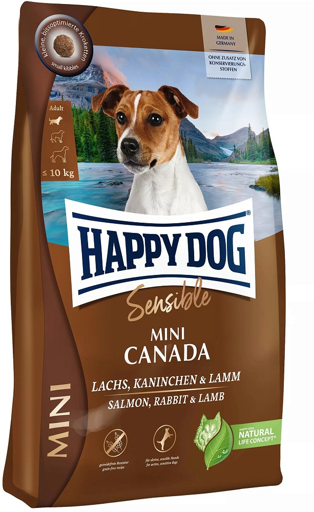 Суха храна за кучета с чувствително храносмилане Happy Dog Mini Canada Adult Суха храна за кучета с чувствително храносмилане Happy Dog Mini Canada Adult - 0.8 и 4 kg, със сьомга, заешко и агнешко, от серията Sensible, в зряла възраст, до 10 kg - храна