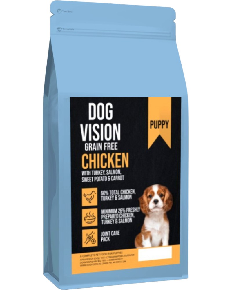 Суха храна за кучета за здрава кожа и красива козина DOG VISION Grain Free Puppy Суха храна за кучета за здрава кожа и красива козина DOG VISION Grain Free Puppy - 2 ÷ 12 kg, с пилешко, пуешко, сьомга, сладък картоф и морков, от 0 до 12 месеца - храна