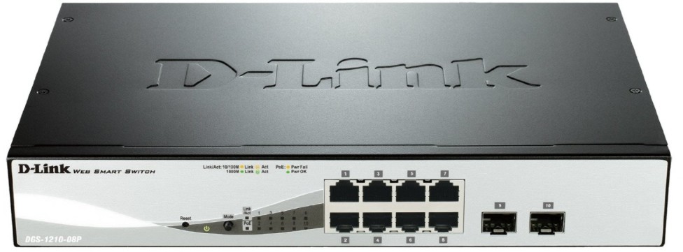 ���� D-Link DGS-1210-08P - 8 ����� PoE, 2 ����� SFP, 1000 Mbps - 
