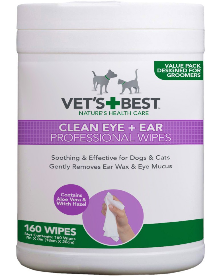 Почистващи кърпички за очи и уши за кучета и котки Vet's Best Почистващи кърпички за очи и уши за кучета и котки Vet's Best - 160 броя - продукт