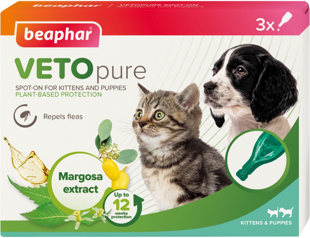 Репелентни капки за малки кученца и котки Beaphar Veto Pure Bio Spot On Puppies and Kittens Репелентни капки за малки кученца и котки Beaphar Veto Pure Bio Spot On Puppies and Kittens - 3 пипети x 0.4 ml, за над 12 седмици - продукт