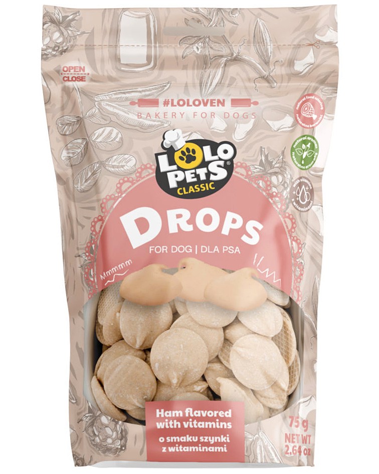Млечен дропс за кучета Lolo Pets Classic Drops Млечен дропс за кучета Lolo Pets Classic Drops - 75 и 200 g, с шунка и витамини, над 1 година - храна