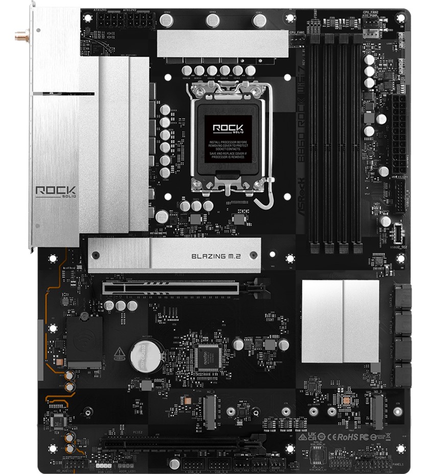 Дънна платка ASRock B860 Rock WIFI7 Дънна платка ASRock B860 Rock WIFI7 - LGA 1851, Intel B860, DDR5, ATX -