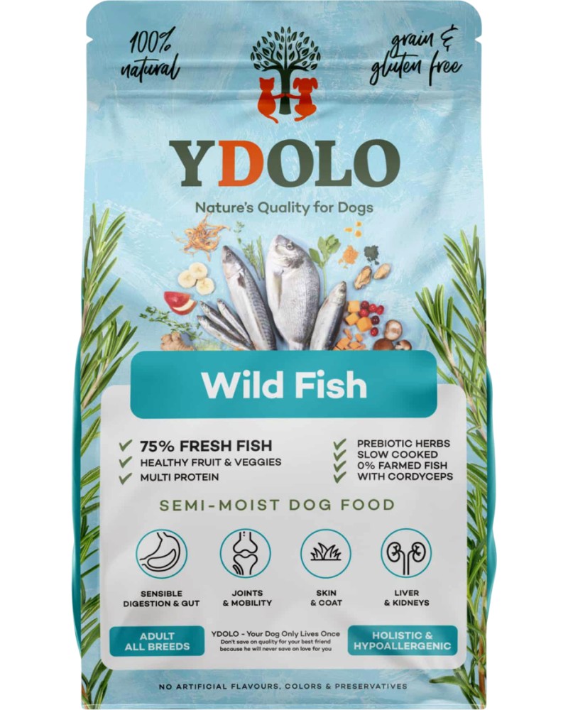 Полувлажна храна за кучета YDOLO Полувлажна храна за кучета YDOLO - 2.5 и 10 kg, с дива риба, в зряла възраст - храна