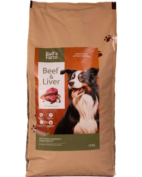 Суха храна за кучета Rolfs Farm Adult Суха храна за кучета Rolfs Farm Adult - 12 kg, с говеждо и черен дроб, за всички породи, над 1 година - храна