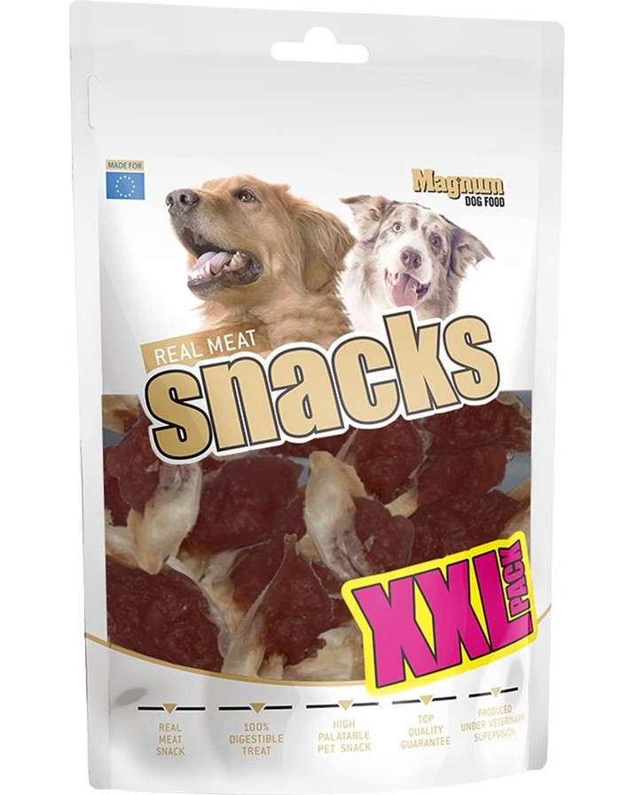 Лакомства за кучета Magnum Real Meat Snacks XXL Pack Лакомства за кучета Magnum Real Meat Snacks XXL Pack - 400 g, със заешко и патешко - храна